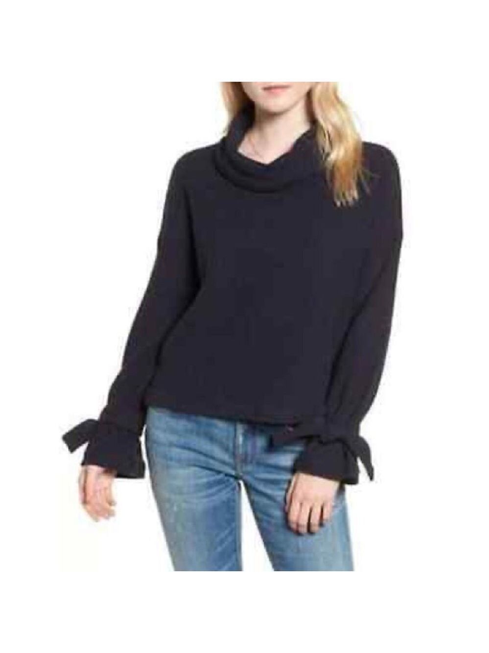 Madewell Cowl Neck Sweater Navy Tie Sleeves Ribbed Textured Pullover XXS